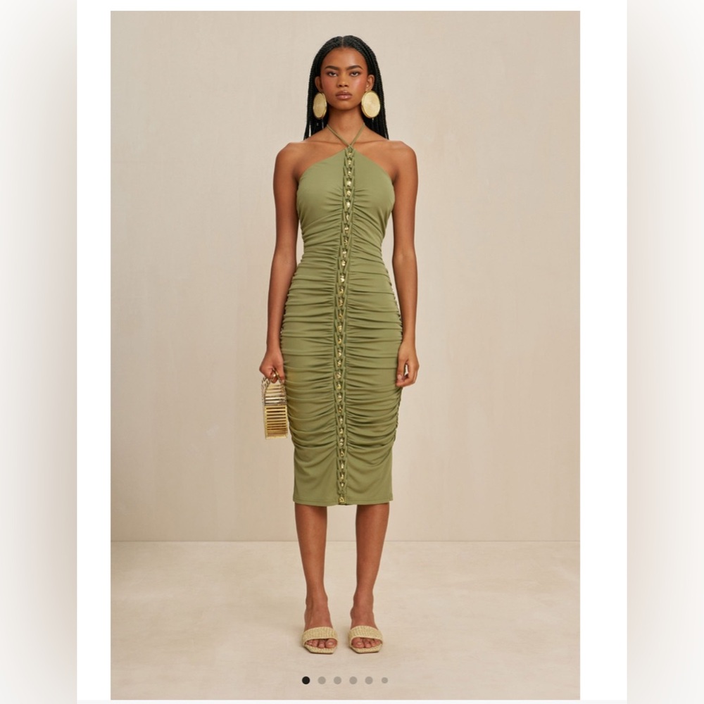 CULT GAIA Calian embellished ruched jersey halterneck midi dress XS
